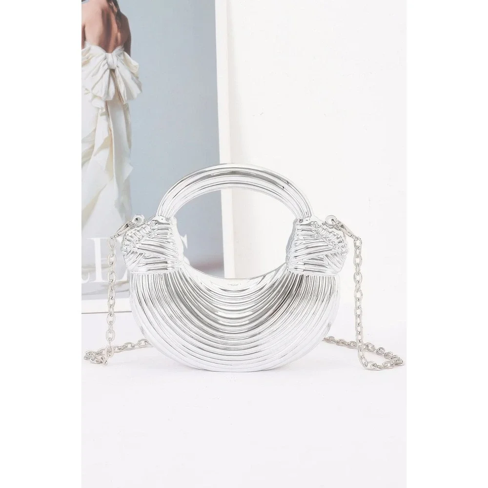 Hard Shell Mini Clutch Women Silver Ribbed Metallic Evening